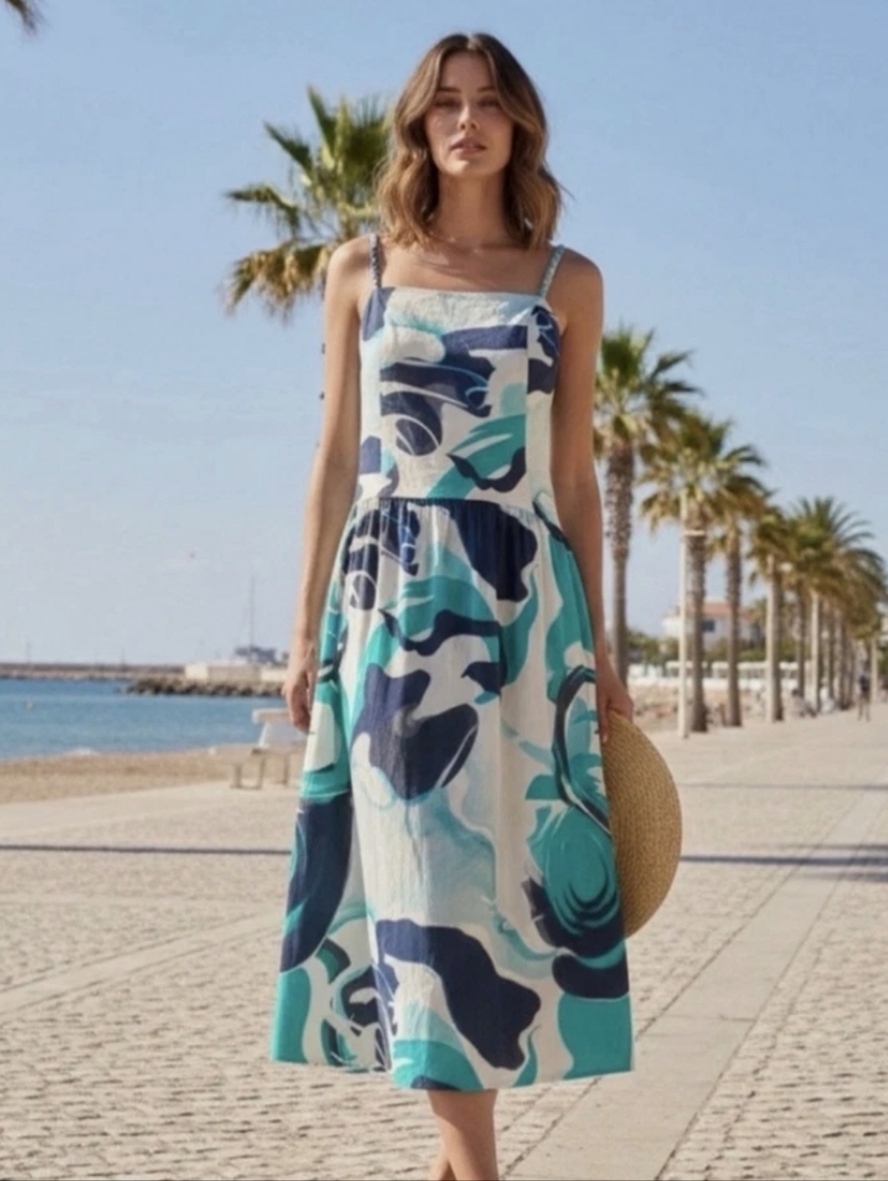 Christian Lacroix Linen Midi Dress Size Med Off-white,Navy & Tourquois